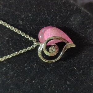 Unmarked Silver Tone Iridescent Heart Stone w/Rhinestone Pendant